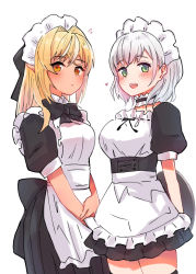 Rule 34 | 2girls, alternate costume, apron, arms behind back, black dress, black neckwear, blonde hair, blush, bow, bowtie, breasts, closed mouth, commentary, corset, cowboy shot, dark-skinned female, dark skin, detached collar, dress, enmaided, green eyes, hair bow, heart, highres, holding, holding tray, hololive, long hair, looking at viewer, maid, maid apron, maid headdress, medium breasts, multicolored hair, multiple girls, open mouth, orange eyes, pointy ears, sasaki (glass1138), shiranui flare, shirogane noel, short dress, short hair, short sleeves, simple background, smile, streaked hair, sweatdrop, thighs, tray, two-tone hair, virtual youtuber, white background, white hair
