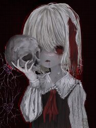 Rule 34 | 1girl, ascot, black background, black vest, blonde hair, blood, blood on face, collar, darkness, hair ribbon, heart, highres, holding, holding skull, open mouth, red ascot, red eyes, ribbon, ru rnyu, rumia, short hair, skull, solo, teeth, touhou, upper body, vest