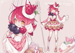 Rule 34 | 1girl, absurdres, blueberry, blush, bow, chromatic aberration, closed mouth, dessert, english text, film grain, food, food-themed clothes, fruit, hair between eyes, highres, holding, holding weapon, medium hair, multiple views, open mouth, orange eyes, original, personification, red bow, red hair, sleeves past fingers, sleeves past wrists, smile, standing, strawberry, tewo (tewowet), weapon, white footwear