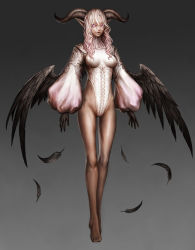 Rule 34 | 1girl, bare legs, barefoot, demon girl, feathers, highres, horns, nabe (crow&#039;s head), original, pointy ears, purple eyes, solo, white hair, wings