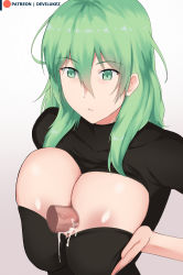 Rule 34 | 1girl, absurdres, breasts, breasts squeezed together, byleth (female) (fire emblem), byleth (fire emblem), censored, cum, cum on body, cum on breasts, cum on clothes, cum on upper body, devilukez, disembodied penis, ejaculation between breasts, fire emblem, fire emblem: three houses, green eyes, green hair, highres, long hair, nintendo, paizuri, paizuri under clothes, patreon username, penis, perpendicular paizuri, sweater
