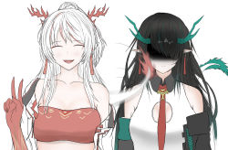 Rule 34 | 2girls, :d, ^ ^, absurdres, arknights, bandeau, bare shoulders, black hair, breasts, cleavage, closed eyes, commentary, dress, dusk (arknights), facing viewer, green hair, hair over one eye, hand up, highres, horns, jacket, long hair, midriff, multicolored hair, multiple girls, nian (arknights), off shoulder, open clothes, open jacket, open mouth, pointy ears, red hair, red neckwear, shaded face, silver hair, simple background, sleeveless, sleeveless dress, smile, strapless, streaked hair, tail slapping, tube top, upper body, v, white background, white dress, white jacket, woon