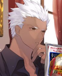 Rule 34 | 1boy, archer (fate), bad id, bad twitter id, black shirt, blurry, blurry background, blurry foreground, collarbone, collared shirt, commentary request, curtains, dark-skinned male, dark skin, depth of field, fate/stay night, fate (series), hair slicked back, hand on own chin, highres, holding, indoors, looking at viewer, magazine (object), male focus, pen, portrait, reading, red eyes, shimatori (sanyyyy), shirt, short hair, solo, white hair, window