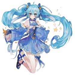 Rule 34 | + +, 1girl, ahoge, bad id, bad pixiv id, bare shoulders, blue dress, blue eyes, blue footwear, blue gloves, blue hair, blue ribbon, blush, closed mouth, detached sleeves, dress, full body, gloves, hair between eyes, hair ornament, hairclip, hatsune miku, jumping, leg ribbon, legband, long hair, long sleeves, lunch (lunchicken), no socks, ribbon, sandals, simple background, smile, solo, twintails, very long hair, vocaloid, white background, yellow pupils