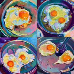 Rule 34 | alaiganuza, commentary, cooking, egg, egg yolk, english commentary, food, food focus, fried egg, frying pan, highres, no humans, oil painting (medium), original, painting (medium), reflection, signature, spatula, traditional media