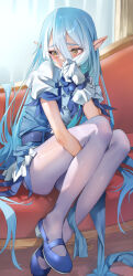 Rule 34 | 1girl, blue footwear, blue hair, blush, bombergirl, couch, gloves, hair between eyes, hesoten, highres, knees up, legs, long hair, pantyhose, pointy ears, puffy sleeves, sitting, solo, white gloves, white pantyhose, yellow eyes