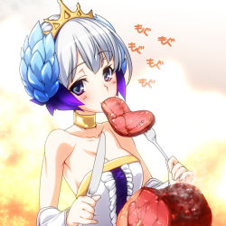Rule 34 | 1girl, bare shoulders, blue eyes, breasts, choker, cleavage, crown, dress, eating, ebido, food, fork, gwendolyn (odin sphere), knife, looking at viewer, meat, odin sphere, silver hair, solo, steam, strapless, strapless dress, tiara, upper body
