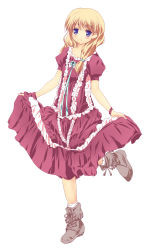 Rule 34 | 1girl, bee (artist), blonde hair, blue eyes, boots, clothes lift, dress, dress lift, frills, full body, highres, k-on!, kotobuki tsumugi, long hair, md5 mismatch, resolution mismatch, simple background, solo, source smaller, standing, standing on one leg, white background