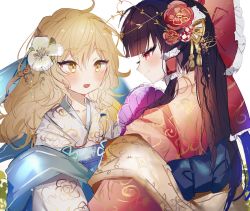 Rule 34 | 2girls, alternate costume, black hair, blonde hair, blush, bow, braid, chinese clothes, closed mouth, commentary, flower, folding fan, formal, frilled bow, frills, hair between eyes, hair bow, hair flower, hair ornament, hair tubes, hakurei reimu, hand fan, hanfu, highres, holding, holding fan, kirisame marisa, long hair, looking at another, multiple girls, open mouth, red bow, red eyes, red robe, robe, sash, sidelocks, simple background, smile, sorani (kaeru0768), straight hair, tassel, touhou, upper body, wavy hair, white background, white robe, yellow eyes