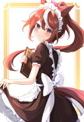 Rule 34 | 1girl, alternate costume, animal ears, apron, blue eyes, blush, bow, breasts, brown dress, brown hair, commentary, cowboy shot, dress, enmaided, floating hair, frilled apron, frilled dress, frills, grin, hair between eyes, hair ribbon, hand up, high ponytail, highres, holding, holding menu, horse ears, horse girl, horse tail, looking at viewer, looking to the side, maid, maid headdress, menu, multicolored hair, pink ribbon, ponytail, puffy short sleeves, puffy sleeves, ribbon, short sleeves, simple background, skirt hold, sky cappuccino, smile, solo, streaked hair, tail, tokai teio (umamusume), umamusume, white apron, white bow, white hair