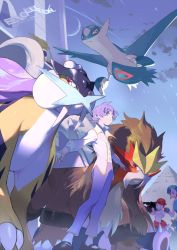 Rule 34 | 1boy, 2girls, anabel (pokemon), artist name, black footwear, buttons, claws, closed mouth, cloud, creatures (company), crescent moon, e volution, entei, from below, frontier brain, game freak, gen 1 pokemon, gen 2 pokemon, gen 3 pokemon, green hair, holding, holding microphone, interviewers (pokemon), latios, legendary pokemon, long sleeves, microphone, moon, multiple girls, nintendo, outdoors, pants, pokemon, pokemon (creature), pokemon emerald, pokemon rse, purple hair, purple pants, pyramid (structure), raikou, shoes, short hair, sky, snorlax