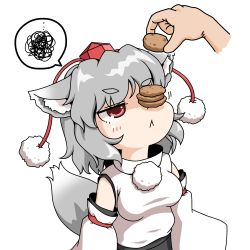 Rule 34 | &gt;:&lt;, ..., 1girl, :&lt;, animal ears, annoyed, artist request, blush, breasts, closed mouth, cookie, detached sleeves, food, food on face, hat, inubashiri momiji, jitome, long sleeves, pom pom (clothes), red eyes, short eyebrows, short hair, silver hair, simple background, solo focus, spoken ellipsis, tail, tokin hat, touhou, unachika, upper body, v-shaped eyebrows, white background, wide sleeves, wolf ears, wolf tail