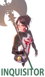 Rule 34 | 00s, 1girl, armor, belt, black hair, blood, blood on face, blood on clothes, brown eyes, dungeon and fighter, female focus, female priest (dungeon and fighter), fingerless gloves, flask, gauntlets, gloves, highres, inquisitor (dungeon and fighter), litra (ltr0312), long hair, looking at viewer, ltr0312, polearm, ponytail, serious, solo, standing, tabard, weapon, white background