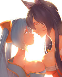 Rule 34 | 2girls, ahri (league of legends), animal ears, artist request, bare shoulders, bell, black hair, blue dress, blue eyes, blue hair, breast press, breasts, cleavage, couple, dress, eyes visible through hair, eyeshadow, face-to-face, facial mark, female focus, fox ears, hair between eyes, hair ornament, highres, imminent kiss, jewelry, jingle bell, large breasts, league of legends, light blue hair, long hair, makeup, multiple girls, neck, necklace, off-shoulder dress, off shoulder, parted lips, sideboob, sona (league of legends), strapless, symmetrical docking, twintails, whisker markings, yellow eyes, yuri
