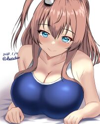 1girl bare_arms blue_eyes blue_one-piece_swimsuit blush breasts brown_hair cleavage closed_mouth cloud competition_swimsuit dated highres kantai_collection large_breasts long_hair looking_at_viewer lying montemasa one-piece_swimsuit saratoga_(kancolle) sidelocks signature smile solo swimsuit