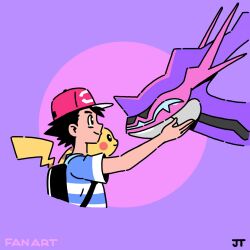 Rule 34 | 1boy, ash ketchum, backpack, bag, black bag, black eyes, black hair, bright pupils, closed mouth, commentary, creatures (company), from side, game freak, gen 1 pokemon, gen 7 pokemon, hand up, hat, highres, james turner, male focus, naganadel, nintendo, pikachu, pink headwear, pokemon, pokemon (anime), pokemon (creature), pokemon sm (anime), shirt, short hair, short sleeves, signature, smile, striped clothes, striped shirt, t-shirt, ultra beast, white pupils