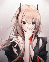 Rule 34 | 1girl, bare shoulders, black jacket, black tank top, blonde hair, commentary, english commentary, fang, girls&#039; frontline, hair between eyes, hand on own face, headgear, highres, jacket, long hair, m4 sopmod ii (girls&#039; frontline), multicolored hair, off shoulder, open mouth, red eyes, red hair, scarf, solo, streaked hair, tank top, upper body, vadasory