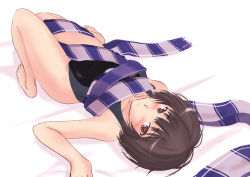 Rule 34 | 1girl, amagami, brown eyes, brown hair, competition swimsuit, lying, murasaki iro, nanasaki ai, on back, one-piece swimsuit, scarf, short hair, solo, swimsuit