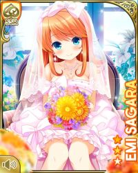 Rule 34 | 1girl, bare shoulders, blue eyes, bouquet, bow, breasts, card (medium), chair, character name, church, cleavage, closed mouth, collarbone, dress, earrings, female focus, flower, girlfriend (kari), gloves, hair ribbon, hair ribbons, holding, jewelry, looking at viewer, medium hair, necklace, official art, orange hair, outdoors, qp:flapper, ribbon, sagara emi, sitting, smile, solo, tagme, veil, wedding dress, white bow, white dress