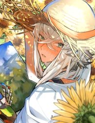 Rule 34 | 1boy, asclepius (fate), contemporary, fate/grand order, fate (series), flower, green eyes, hat, hot, looking back, male focus, paintbrush, painting (object), palette (object), sigm, straw hat, sunflower, sweat, white hair