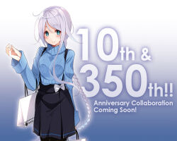 Rule 34 | 1girl, bag, black skirt, blue background, blue eyes, blue sweater, braid, commentary request, cowboy shot, gradient background, grey hair, hair tie, kantai collection, kujou ichiso, long hair, looking at viewer, mitsukoshi (department store), mole, mole under eye, official art, pantyhose, parted bangs, shopping bag, single braid, skirt, smile, suspender skirt, suspenders, sweater, umikaze (kancolle), very long hair, white hair