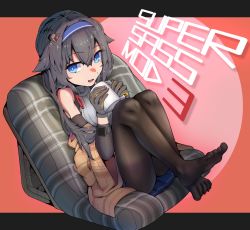 Rule 34 | 1girl, blue eyes, commission, cup, feet, girls&#039; frontline, hair flaps, hairband, highres, legs up, llpfmfc, long hair, mod3 (girls&#039; frontline), mug, no shoes, pantyhose, sitting, skeb commission, solo, super sass (girls&#039; frontline), super sass (mod3) (girls&#039; frontline), very long hair