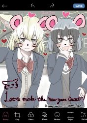 Rule 34 | 2020, 2girls, absurdres, alternate costume, animal ears, artist name, black hair, blonde hair, blush, bow, bowtie, brown eyes, cardigan, common raccoon (kemono friends), drawn whiskers, english text, face filter, fang, fennec (kemono friends), fox ears, grey hair, hand on own chin, happy new year, heart, highres, kemono friends, long sleeves, multicolored hair, multiple girls, new year, open mouth, parted lips, fake phone screenshot, raccoon ears, red bow, red neckwear, school uniform, shio butter (obscurityonline), short hair, smile, stroking own chin, twitter username, whiskers, white hair