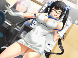 Rule 34 | 1girl, black-framed eyewear, black hair, bow, bowtie, breasts, chair, cleavage, cleavage cutout, clothing cutout, clownculture, computer, cosplay, covered navel, cowboy shot, dress, dungeon ni deai wo motomeru no wa machigatteiru darou ka, closed eyes, figure, glasses, gloves, hand up, happy, hestia (danmachi), hestia (danmachi) (cosplay), highres, indoors, large breasts, legs, long hair, monitor, open mouth, poster (medium), smile, solo, standing, thighs, twintails, very long hair, white dress, white gloves