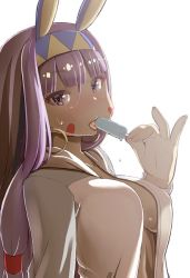 Rule 34 | 1girl, animal ears, bad id, bad twitter id, blouse, blunt bangs, blush, breasts, covered erect nipples, dark-skinned female, dark skin, earrings, facial mark, fate/grand order, fate (series), food, hairband, hoop earrings, ice cream, jewelry, long hair, looking at viewer, medium breasts, nitocris (fate), no bra, ooide chousuke, open clothes, open shirt, popsicle, purple eyes, purple hair, rabbit ears, shirt, simple background, solo, tongue, tongue out, white background