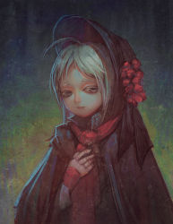 Rule 34 | 1girl, ahoge, black cape, black hat, bloodborne, cape, closed mouth, flower, grey eyes, grey hair, hat, hat flower, highres, long hair, long sleeves, looking at viewer, parted bangs, plain doll, red flower, solo, upper body, zhengyifan7