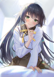 Rule 34 | 1girl, absurdres, black hair, blurry, blurry background, blush, brown skirt, closed mouth, cover image, from below, green eyes, hair ribbon, haru (hiyori-kohal), head tilt, highres, hoshigami luna, index finger raised, indoors, kimi wa hatsukoi no hito no musume, long hair, long sleeves, looking at viewer, neck ribbon, novel illustration, official art, outstretched arm, ribbon, school uniform, second-party source, shirt, skirt, smile, solo, white ribbon, white shirt, yellow ribbon