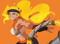 Rule 34 | 1girl, black pants, blonde hair, energy hair, fingerless gloves, gloves, green eyes, headband, highres, jacinth peters, long hair, looking at viewer, nintendo, orange background, outstretched arms, pants, ponytail, protagonist (ring fit adventure), ring fit adventure, ring fit trainee, signature, simple background, smile, solo, sports bra, upper body