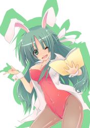 Rule 34 | 1girl, animal ears, bad id, bad pixiv id, book, breasts, fake animal ears, female focus, green eyes, green hair, hair ribbon, hidamari sketch, leotard, long hair, matching hair/eyes, nanaya (pixiv), one eye closed, open mouth, pantyhose, playboy bunny, rabbit ears, ribbon, smile, solo, white background, wink, wrist cuffs, yoshinoya (hidamari sketch)