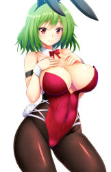Rule 34 | 1girl, animal ears, bare shoulders, black pantyhose, blush, bow, bowtie, breasts, cleavage, detached collar, ebi 193, female focus, green hair, hands on own chest, kazami yuuka, large breasts, leotard, looking at viewer, pantyhose, playboy bunny, rabbit ears, rabbit tail, red eyes, short hair, simple background, smile, solo, tail, touhou, white background, wrist cuffs