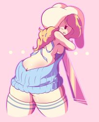 Rule 34 | 1girl, adventure time, animal hood, ass, bad id, bad twitter id, bare shoulders, berryverrine, blonde hair, blush, breasts, butt crack, clenched teeth, cowboy shot, embarrassed, female focus, fionna campbell, from behind, highres, hood, large breasts, looking at viewer, meme attire, naked sweater, no bra, no panties, pink background, ponytail, rabbit hood, sideboob, simple background, socks, solo, sweater, sword, teeth, thighhighs, underboob, virgin killer sweater, weapon, white socks, zettai ryouiki