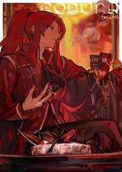 Rule 34 | birthday, cigarette, facing to the side, gebura (project moon), highres, holding, holding cigarette, jewelry, library of ruina, long hair, long sleeves, multiple girls, nishikujic, pants, ponytail, project moon, red hair, scar, scar across eye, scar on face, sitting, smoke trail, smoking