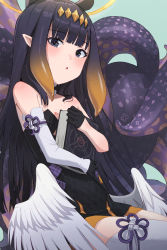 Rule 34 | 1girl, absurdres, animal ears, ao-chan (ninomae ina&#039;nis), bad id, bad pixiv id, bare shoulders, black dress, black gloves, black hair, blunt bangs, book, hugging book, choker, collarbone, commentary, detached sleeves, dress, extra ears, feathered wings, flat chest, gloves, gnns, gradient hair, green background, headpiece, highres, holding, holding book, hololive, hololive english, long hair, looking at viewer, low wings, multicolored hair, ninomae ina&#039;nis, ninomae ina&#039;nis (1st costume), hugging object, parted lips, pointy ears, sidelocks, single sleeve, single thighhigh, sitting, solo, strapless, strapless dress, tentacles, thighhighs, virtual youtuber, white thighhighs, white wings, wings, zettai ryouiki