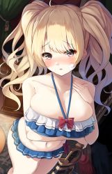Rule 34 | 1girl, bandaid, bandaid on face, bare shoulders, bikini, blonde hair, blush, breasts, cleavage, collarbone, granblue fantasy, grey eyes, highres, igayan, large breasts, long hair, looking at viewer, monika weisswind, navel, open mouth, parted lips, swimsuit, thighs, twintails, wavy hair