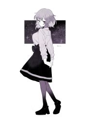 Rule 34 | 1girl, arms behind back, black bow, black footwear, black pantyhose, black skirt, blouse, bow, breasts, closed mouth, commentary, from side, full body, gradient legwear, highres, interlocked fingers, large breasts, limited palette, long sleeves, looking at viewer, looking back, original, own hands together, pantyhose, pleated skirt, purple eyes, purple hair, purple pantyhose, purple shirt, purple theme, retri, shirt, short hair, skirt, solo, star (symbol), starry background, twitter username, waist bow, white background