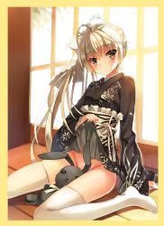 Rule 34 | 1girl, :o, alternate costume, alternate hairstyle, arm at side, arm support, backlighting, blonde hair, blush, border, bow, button eyes, buttons, clothes lift, eyebrows, floral print, frills, hair bow, highres, japanese clothes, jiji (381134808), kasugano sora, kimono, kimono lift, lace-trimmed bow, lace trim, lifted by self, long hair, long sleeves, no panties, no shoes, obi, on floor, ribbon, sash, shade, short kimono, side ponytail, sitting, solo, string, stuffed animal, stuffed rabbit, stuffed toy, tassel, thighhighs, very long hair, wariza, white bow, white ribbon, white thighhighs, wide sleeves, wooden floor, yosuga no sora