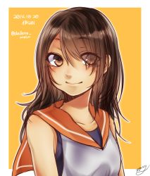 Rule 34 | 10s, 1girl, alternate hairstyle, bad id, bad pixiv id, brown eyes, brown hair, character name, collarbone, dated, hair down, hair over one eye, highres, i-401 (kancolle), kantai collection, long hair, rom (kochirasama), sailor collar, school swimsuit, signature, smile, solo, swimsuit, swimsuit under clothes, twitter username, upper body, yellow background