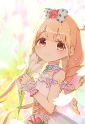 Rule 34 | 1girl, blonde hair, blush, bow, commentary, cowlick, dress, english commentary, flower, from side, futaba anzu, hair bow, highres, holding, holding flower, idolmaster, idolmaster cinderella girls, idolmaster cinderella girls starlight stage, kuwaefuru, long hair, looking at viewer, smile, solo, white bow, white dress