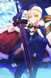 Rule 34 | 1girl, artoria pendragon (all), artoria pendragon (fate), black pantyhose, blonde hair, blue cloak, blue dress, blue footwear, blue gloves, blue hat, blue thighhighs, boots, brown eyes, cloak, closed mouth, commentary, dress, english commentary, excalibur morgan (fate), fate/grand order, fate (series), fur-trimmed boots, fur-trimmed cloak, fur-trimmed headwear, fur-trimmed legwear, fur trim, gloves, gogatsu fukuin, hat, highres, holding, holding sword, holding weapon, lofter username, pantyhose, sack, santa alter, santa hat, solo, sword, thigh boots, thighhighs, twitter username, weapon, weibo username