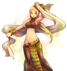 Rule 34 | 1girl, :d, arm up, armpits, blonde hair, bracelet, breasts, brown eyes, dancer, dancer (fft), female focus, final fantasy, final fantasy tactics, groin, halterneck, halterneck, jewelry, kara (color), long hair, lots of jewelry, midriff, navel, open mouth, skirt, smile, solo, tank top