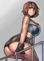 Rule 34 | 1girl, absurdres, ass, bare shoulders, black gloves, blue eyes, breasts, brown hair, commentary, fingerless gloves, gloves, highres, huge breasts, jill valentine, kelvin hiu, large breasts, railing, resident evil, resident evil 3, resident evil 3: nemesis, short hair, sitting, skindentation, skirt, solo, thick thighs, thighs