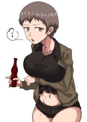Rule 34 | 1girl, ?, bottle, breast hold, breasts, brown eyes, brown hair, clothes lift, freckles, girls und panzer, holding, holding bottle, jacket, large breasts, mimuni362, naomi (girls und panzer), navel, open clothes, open jacket, saunders military uniform, shirt lift, short hair, short shorts, shorts, solo, very short hair, white background