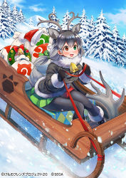 Rule 34 | 1girl, :d, animal ear fluff, animal ears, antlers, bell, black footwear, black gloves, black hair, black jacket, black pantyhose, blue sky, blush, boots, cloud, commentary request, copyright notice, day, deer ears, deer tail, fur-trimmed boots, fur-trimmed sleeves, fur collar, fur trim, gloves, green eyes, green skirt, grey hair, hat, heterochromia, holding, horns, jacket, japari symbol, kemono friends, kemono friends 3, long hair, long sleeves, low twintails, mountain, multicolored hair, official art, open mouth, outdoors, pantyhose, pine tree, pleated skirt, red eyes, red hat, reindeer (kemono friends), reindeer antlers, reindeer girl, sack, santa hat, skirt, sky, sleigh, smile, snow, solo, tail, tree, twintails, two-tone hair, yuko (uc yuk)