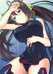 Rule 34 | 10s, 1girl, antenna hair, bare shoulders, black hair, black thighhighs, blush, bodysuit, breasts, covered navel, cowboy shot, emanon123, from above, green eyes, hair ribbon, hairband, halterneck, hand on own forehead, hand on own stomach, head tilt, high ponytail, infinite stratos, large breasts, leaning, leotard, long hair, looking at viewer, lying, on back, on floor, parted lips, pelvic curtain, pilot suit, ponytail, raised eyebrows, ribbon, shadow, shinonono houki, solo, split ponytail, taut clothes, thighhighs, thighs, tile floor, tiles, turtleneck, very long hair