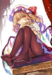 Rule 34 | 1girl, absurdres, blonde hair, blush, brown pantyhose, commentary request, crystal, flandre scarlet, fuepo, hair between eyes, hands up, hat, hat ribbon, highres, knees up, long hair, looking at viewer, miniskirt, mob cap, no shoes, one side up, pantyhose, petticoat, puffy short sleeves, puffy sleeves, red eyes, red ribbon, red skirt, ribbon, shirt, short sleeves, sitting, skirt, solo, thighs, touhou, white background, white hat, white shirt, wings, wrist cuffs