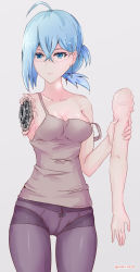 Rule 34 | 1girl, absurdres, ahoge, android, bare shoulders, black pantyhose, blue eyes, blue hair, bow, bow panties, breasts, closed mouth, collarbone, damaged, detached arm, earrings, eyebrows, facing viewer, female focus, glasses, hair between eyes, highres, jewelry, mechanical parts, medium breasts, off shoulder, panties, panties under pantyhose, pantyhose, rasen manga, simple background, solo, standing, strap slip, thighs, underwear, upper body, vivy, vivy: fluorite eye&#039;s song, white panties